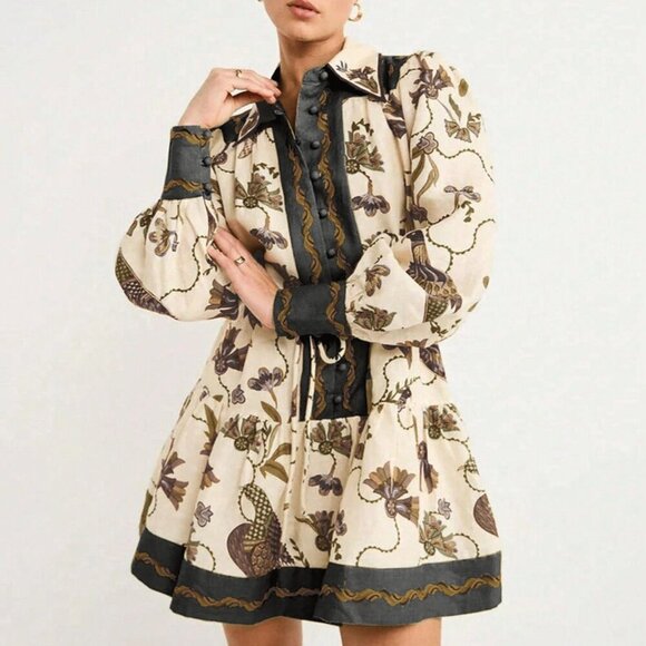 Casual Women's Long Sleeve Bohemian Printed Short Dress - Picture 1 of 4